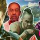 A collage of various Far Cry characters in front of a tropical background.
